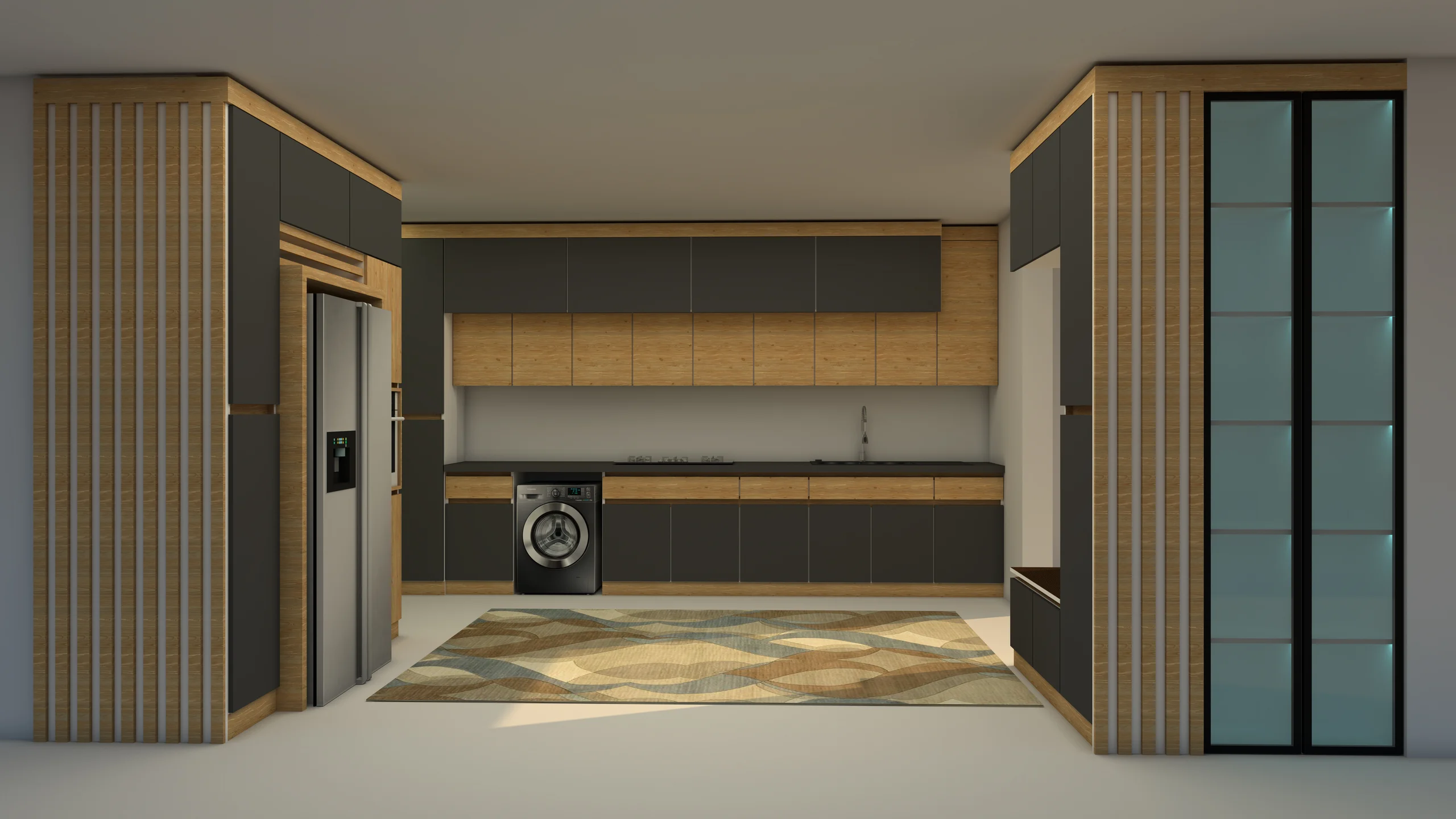 کابینت مدرن با ویترین فریم لس طوسی طرح چوب