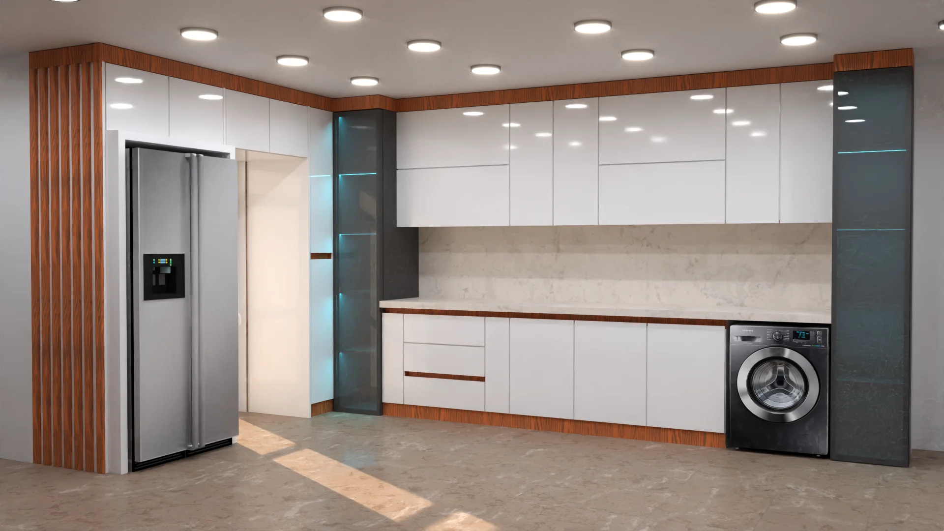 کابینت مدرن با ویترین فریم لس سفید طرح چوب